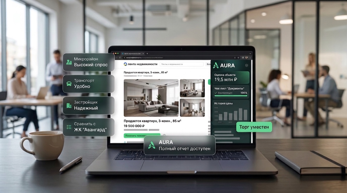 Рендер: Chrome-расширение AURA на странице объявления — панель с оценкой объекта, чек-листом документов и историей цены