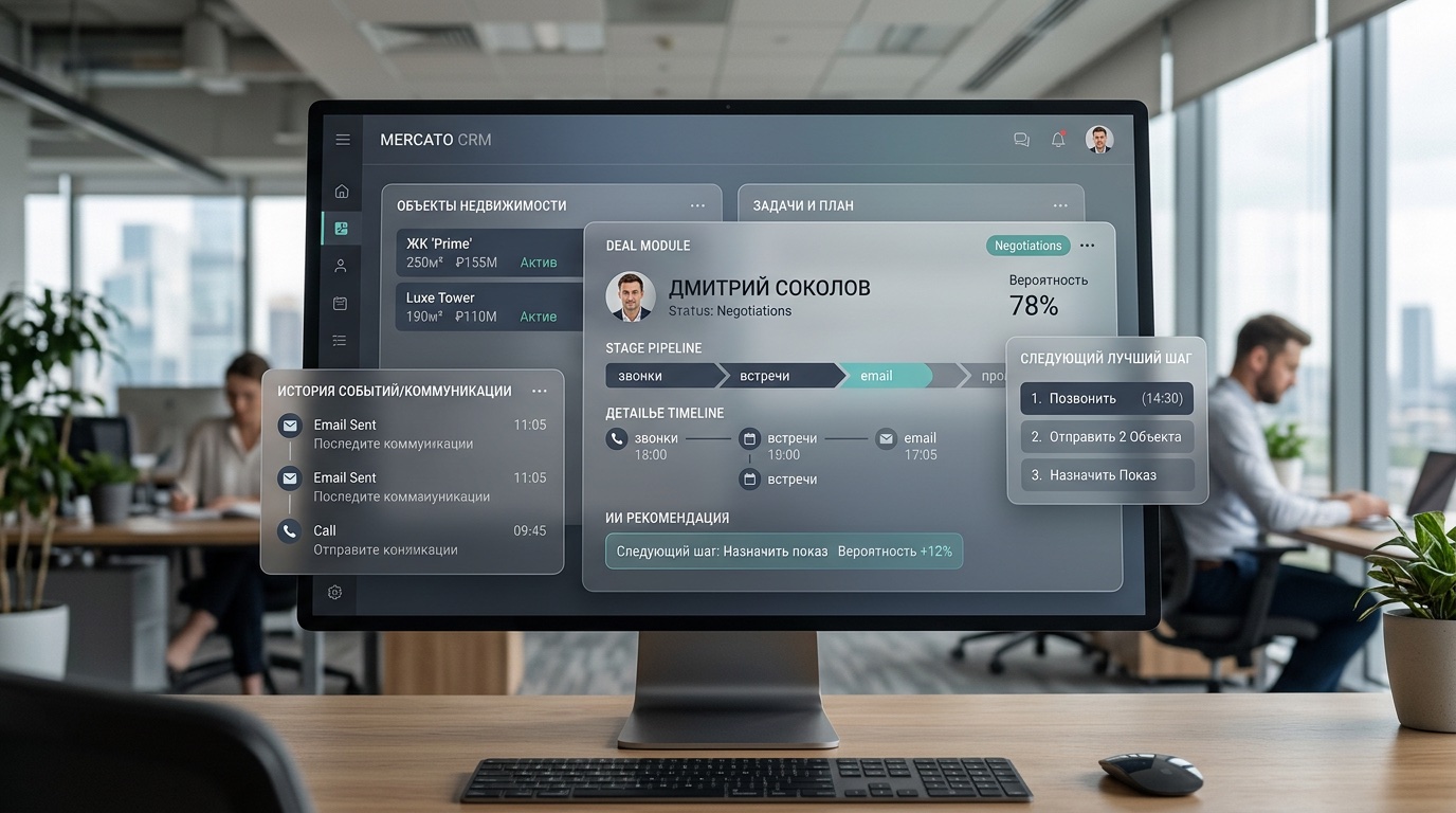 Концепт Spatial CRM — интерфейс системы AURA (Mercato CRM): deal-модуль, стадия сделки, timeline и рекомендации на экране